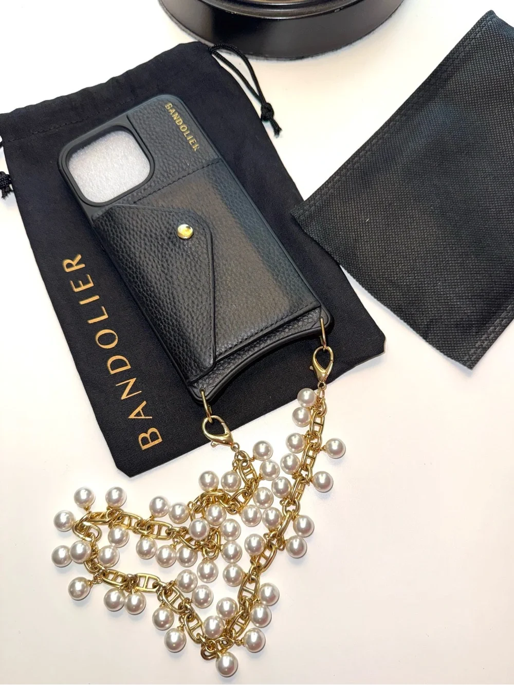 Bandolier iPhone 15 pro max Emelia case and long pearl wristlet